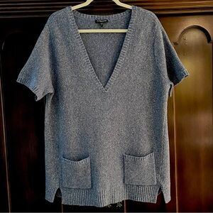 Eileen Fisher Sweater 1X Silk Wool Tunic Short Sleeve V-Neck Pockets Pullover